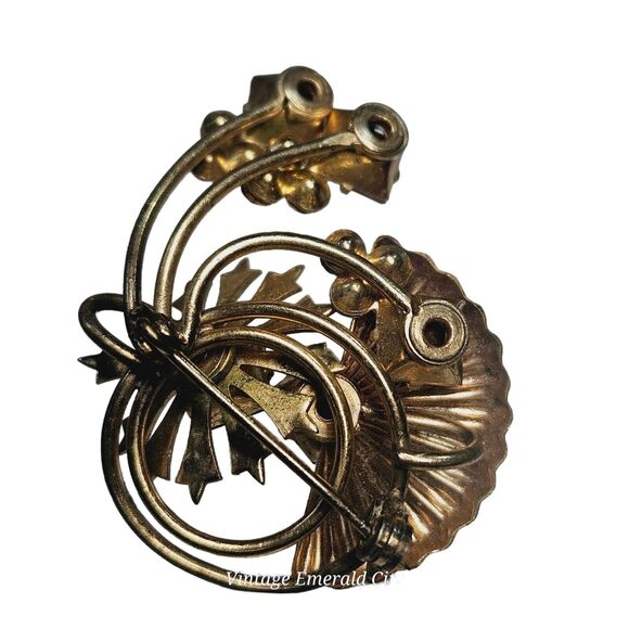 Vtg MCM Art Deco Floral Fan Brooch Red Rhinestones Goldtone Metal Pin Swirl Read - Picture 5 of 12